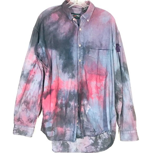 American Eagle Outfitters Tops - AEO Tie Dye Shirt Size Medium Denim Shacket Grunge Skate Punk Unisex BLue